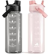POWCAN 2 Pack 40 oz Clear Water Bottle with Time Marker, 2-in-1 Straw Spout Lid, BPA-Free, Leakpr...