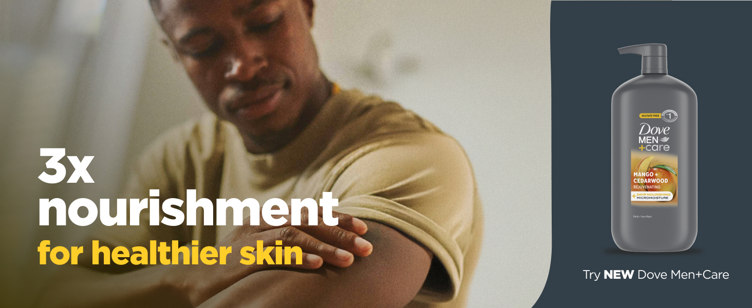 Headline talking about 3x nourishment for healthier skin, next to the product &amp; a man applying it.