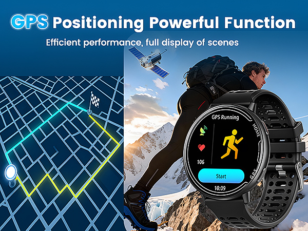 Text reads 'GPS Positioning Powerful Function' and 'Efficient performance, full display of scenes'. Split image showing GPS map interface and smartwatch display with running icon against mountain backdrop.