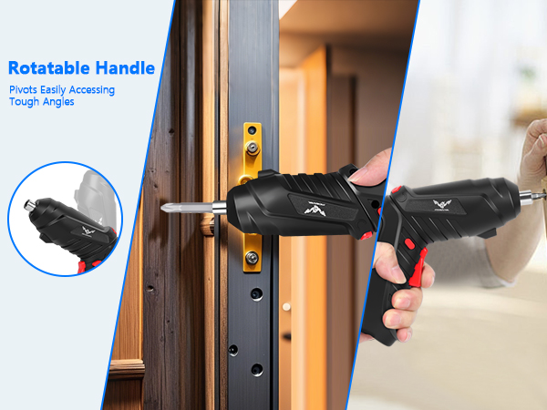 Cordless drill with rotatable handle feature, shown in use on a door frame. Handle pivots for accessing tough angles. Close-up of drill bit insertion into door hardware.