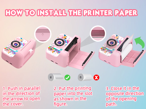 Three-step instruction diagram showing how to install printer paper in a pink printer, with arrows indicating push direction and paper slot placement.