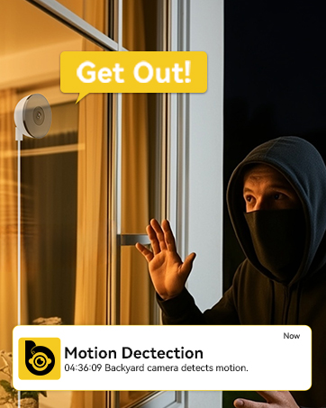 Text reads 'Get Out!' and 'Motion Detection' with 'Can do 24/7 Real-pixel camera detects motion'. Interior doorway with hand gesturing and dark hooded figure on right side of split image.
