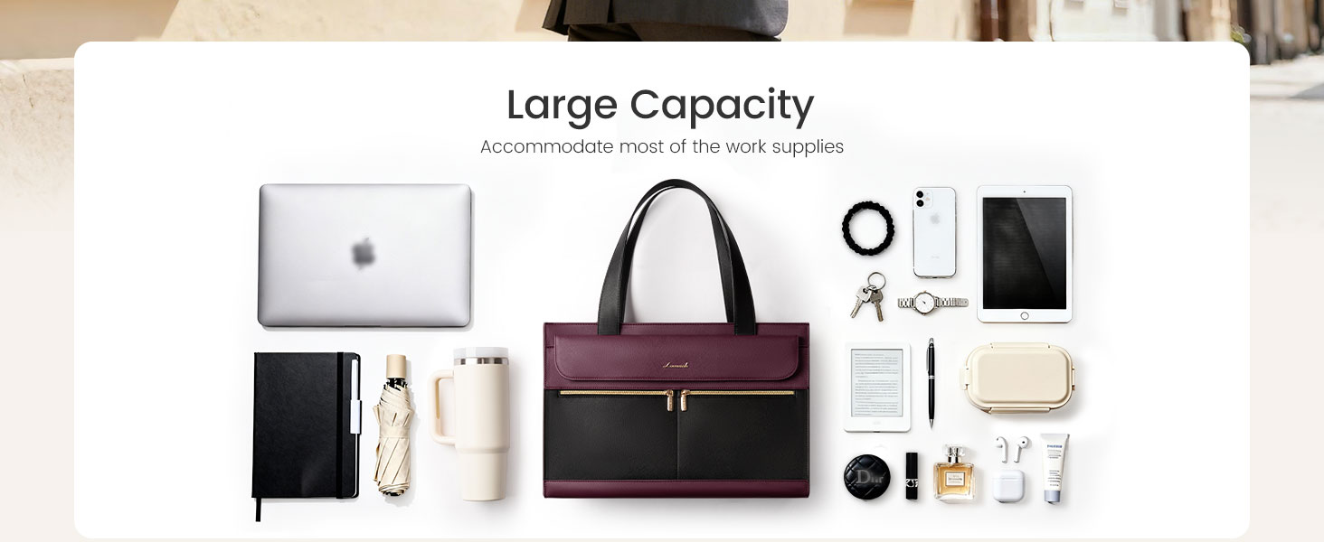 Spacious tote bag with organized compartments fits laptop, tablet, water bottle and daily essentials