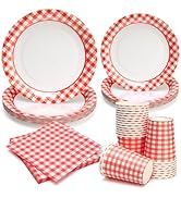 PCLMLES 96pcs Disposable Plaid Tableware Set Paper Plates Round for 24 Guest Party Table Supplies...