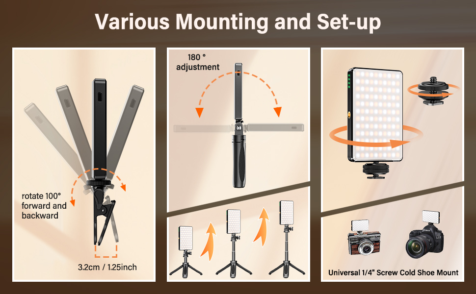 Mounting accessories for photography or videography equipment. Includes adjustable arms, tripod mounts, and cold shoe attachments with rotation capabilities.