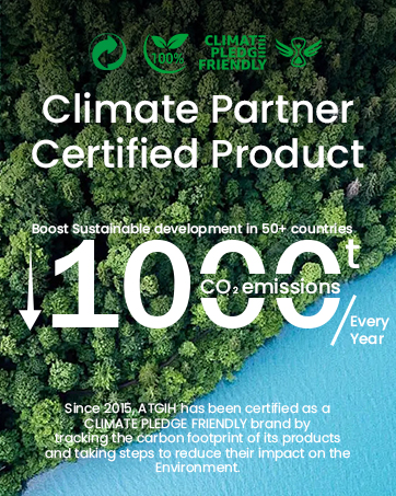 Text reads 'Climate Partner -1000 CO2 emissions Every Year'. Environmental infographic featuring lush green foliage and blue water, highlighting sustainability metrics.