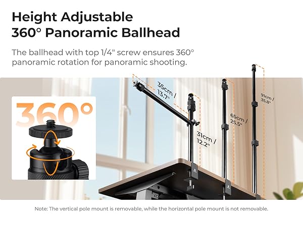 Text reads 'Height Adjustable 360° Panoramic Ballhead'. Technical demonstration of ball head mount showing rotation capability with '360°' marking and adjustment features.