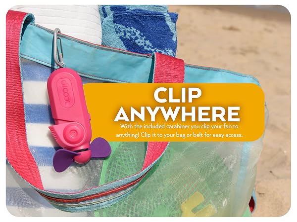 O2Cool Sport Carabiner Misting Fan Pink Clipped To Beach Bag Outside Clip Anywhere