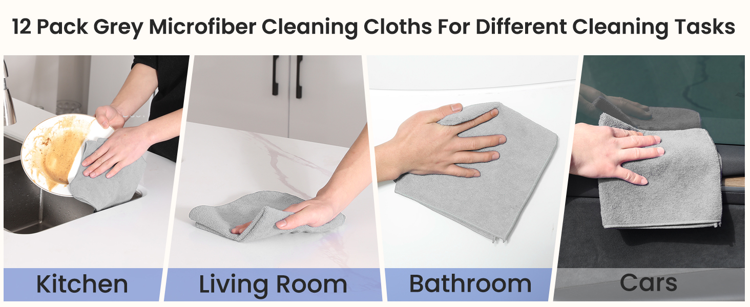 12 Pack Microfiber Cleaning Cloths,Microfiber Towels for Cars &amp; Kitchen Towels,