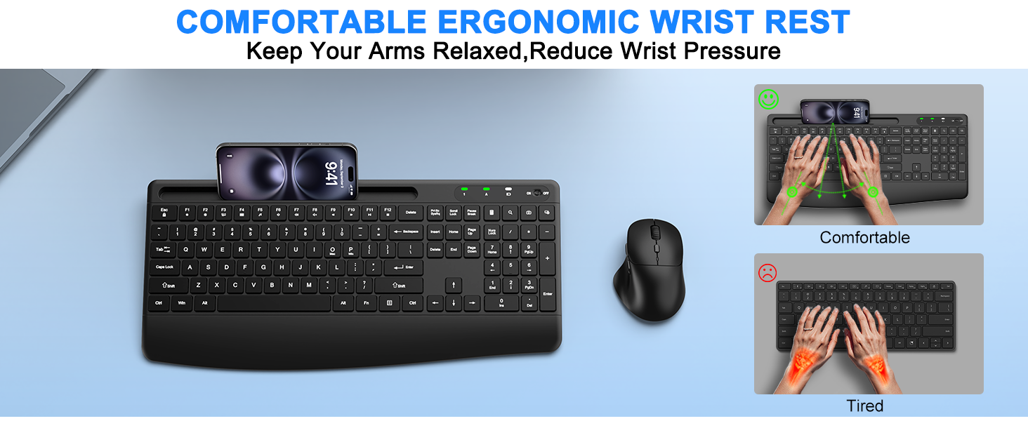 Wireless Keyboard and Mouse, Comfort Ergonomic Palm Rest Keyboard Mouse Combo Phone Holder