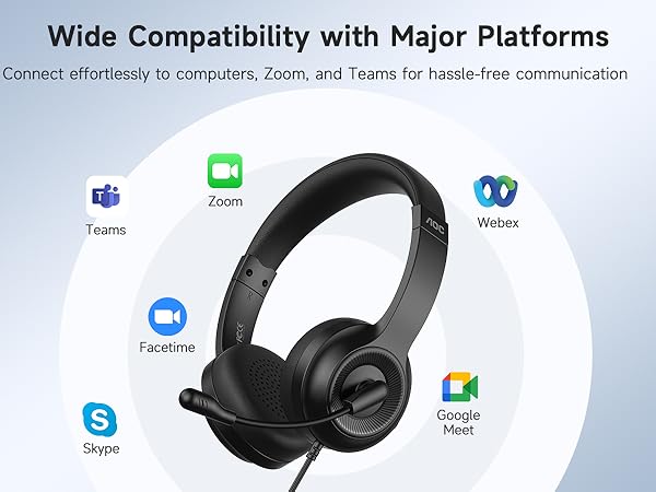 Computer Headset with Microphone for PC, USB Headset with Noise Cancelling Mic Black
