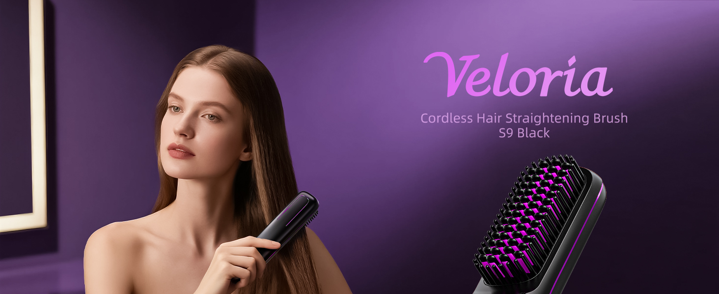 Veloria S9 Black cordless straightening brush with dock, LED display, and 3 heat settings.