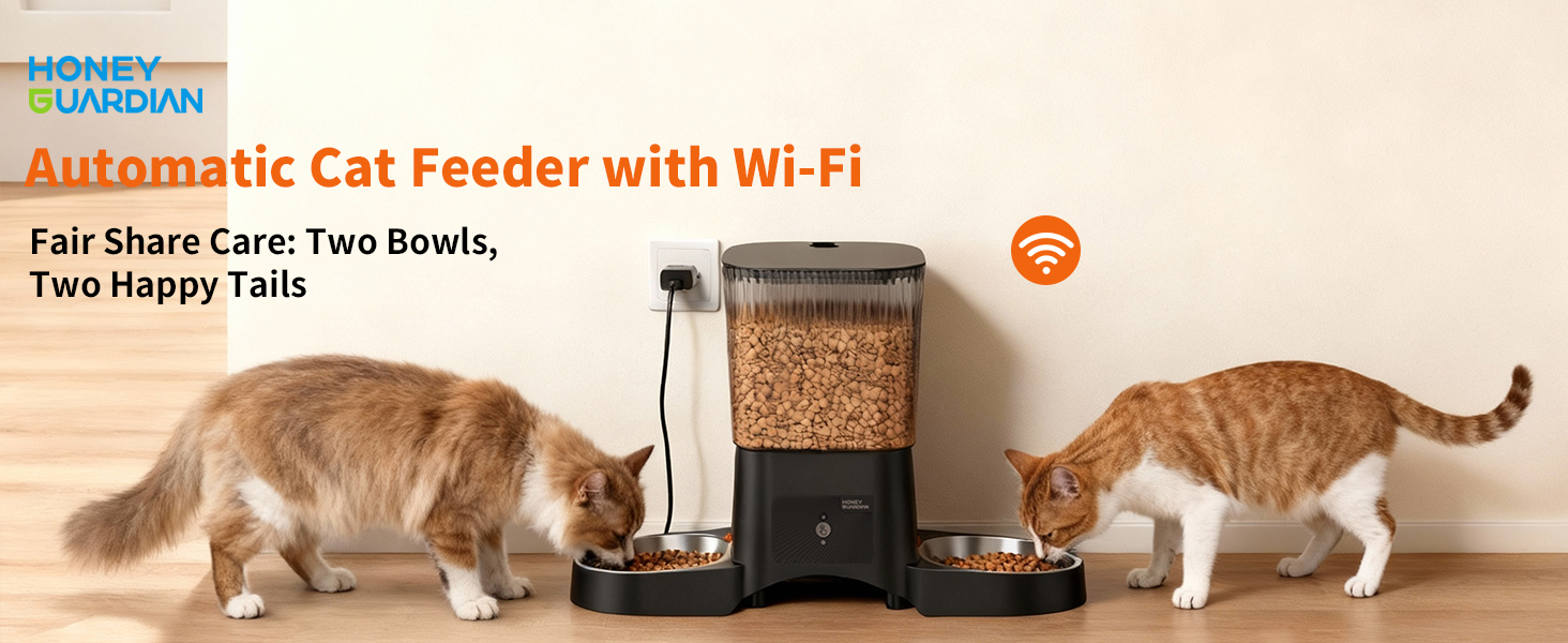 Text reads 'Automatic Cat Feeder with Wi-Fi'. Multiple panels showing orange tabby cat approaching and using an automatic feeding station.