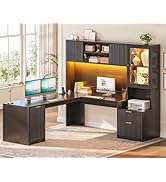 SEDETA 67" x 65" L Shaped Desk with Hutch, RGB LED Corner Computer Desk with Power Outlets, Flute...