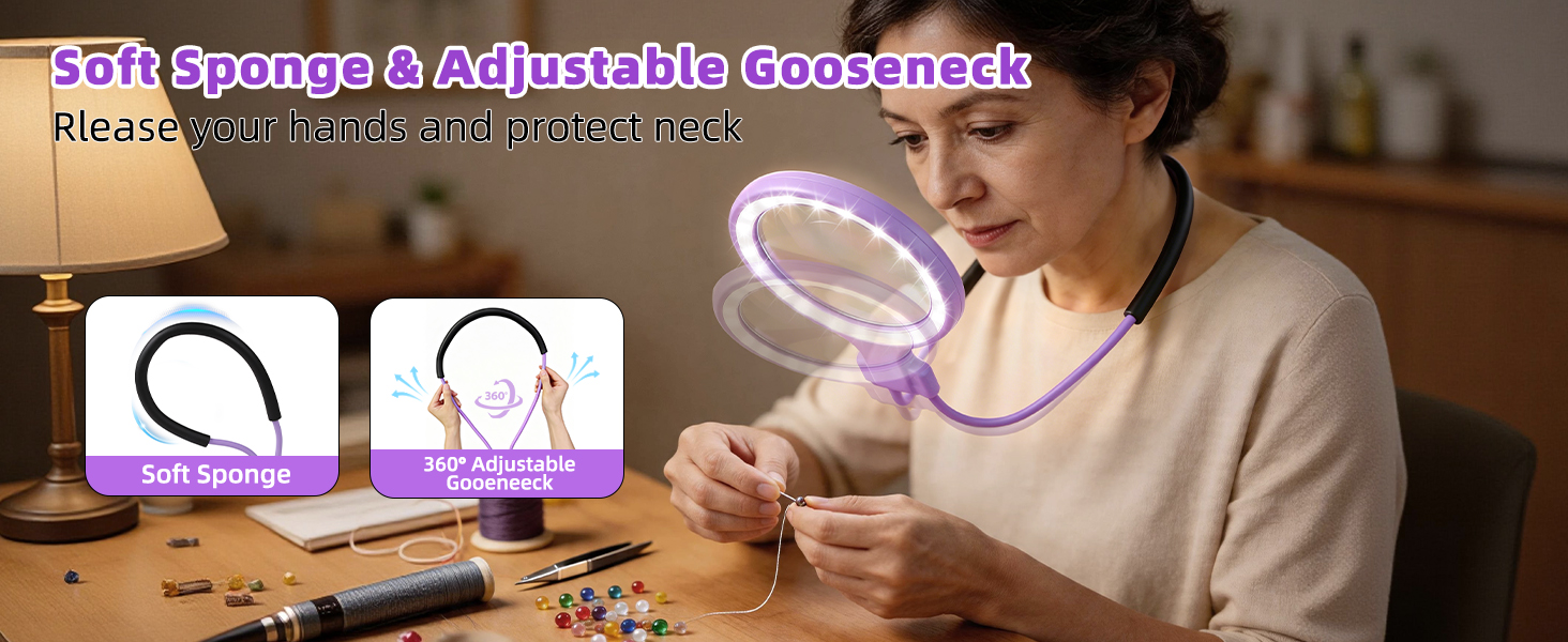 Neck Wearable Magnifying Glasses with Adjustable Sponge Gooseneck