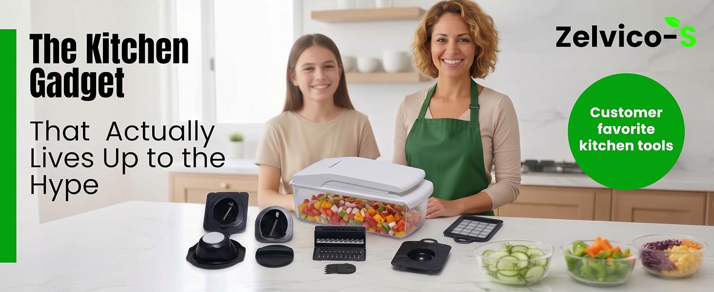 Zelvico-S vegetable chopper with food container and slicing blades.