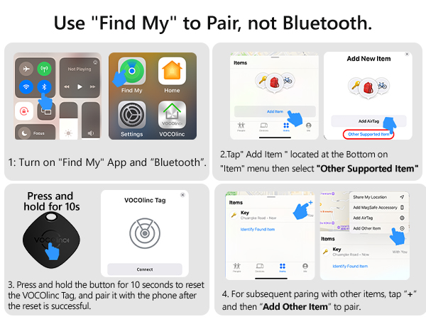 Instructions for pairing a device using 'Find My' app, showing iPhone screens and steps to add and pair items using the app interface.