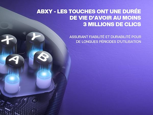 Close-up of gaming controller buttons with blue backlighting. Text indicates buttons have a lifespan of at least 3 million clicks.