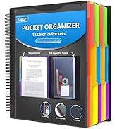 HABGP 24 Pocket Plastic folders with Pockets, 12 Colors Multi Pocket Folder Binder with Dividers,...