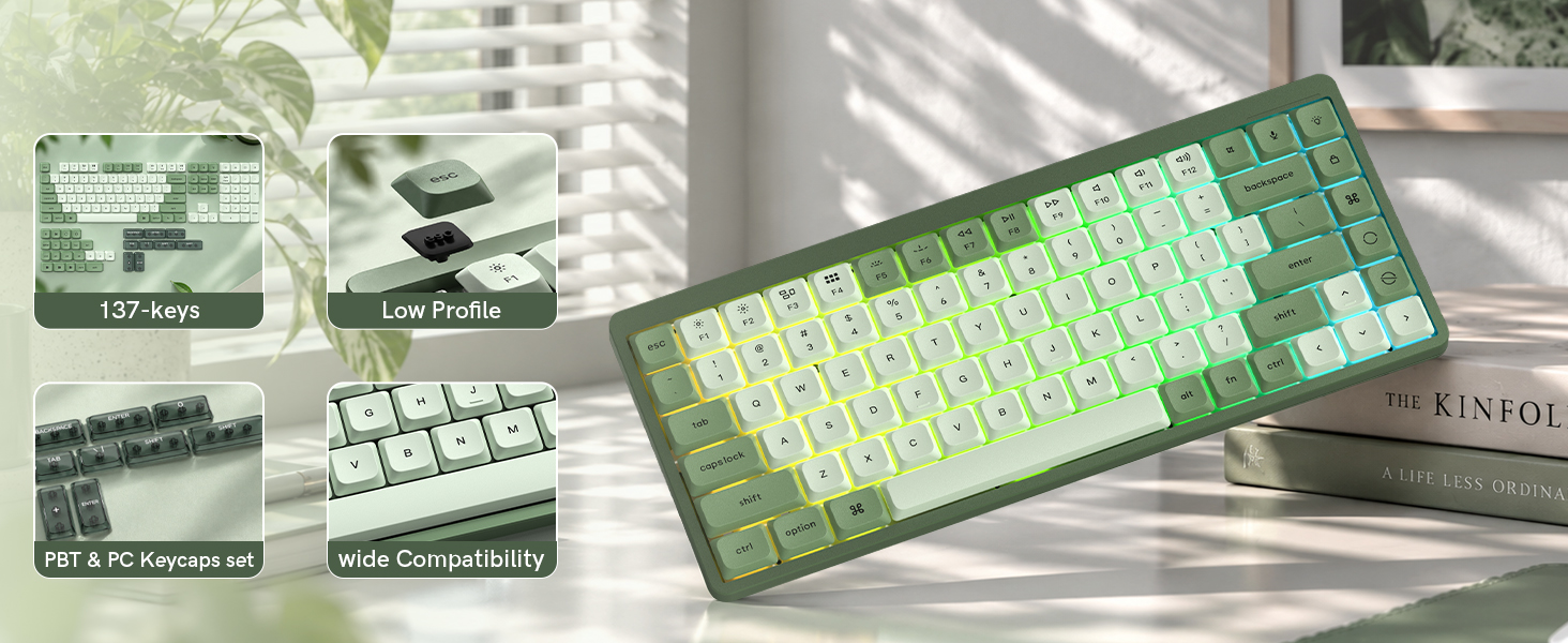 dagaladoo Low Profile keycaps Set,Double Shot PBT Key caps,Matcha Green