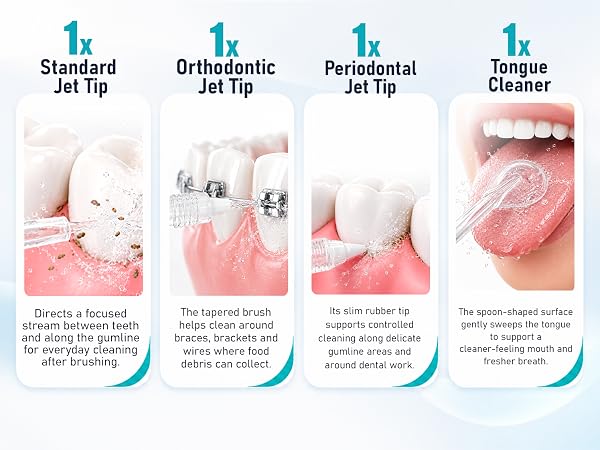 Four (4) Specialized Water Flosser Tips for More Complete Daily Oral Care