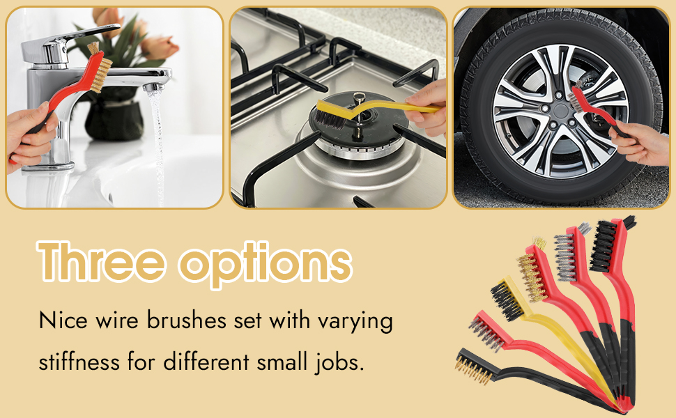nice wire brushes set with varying stiffness for different small jobs