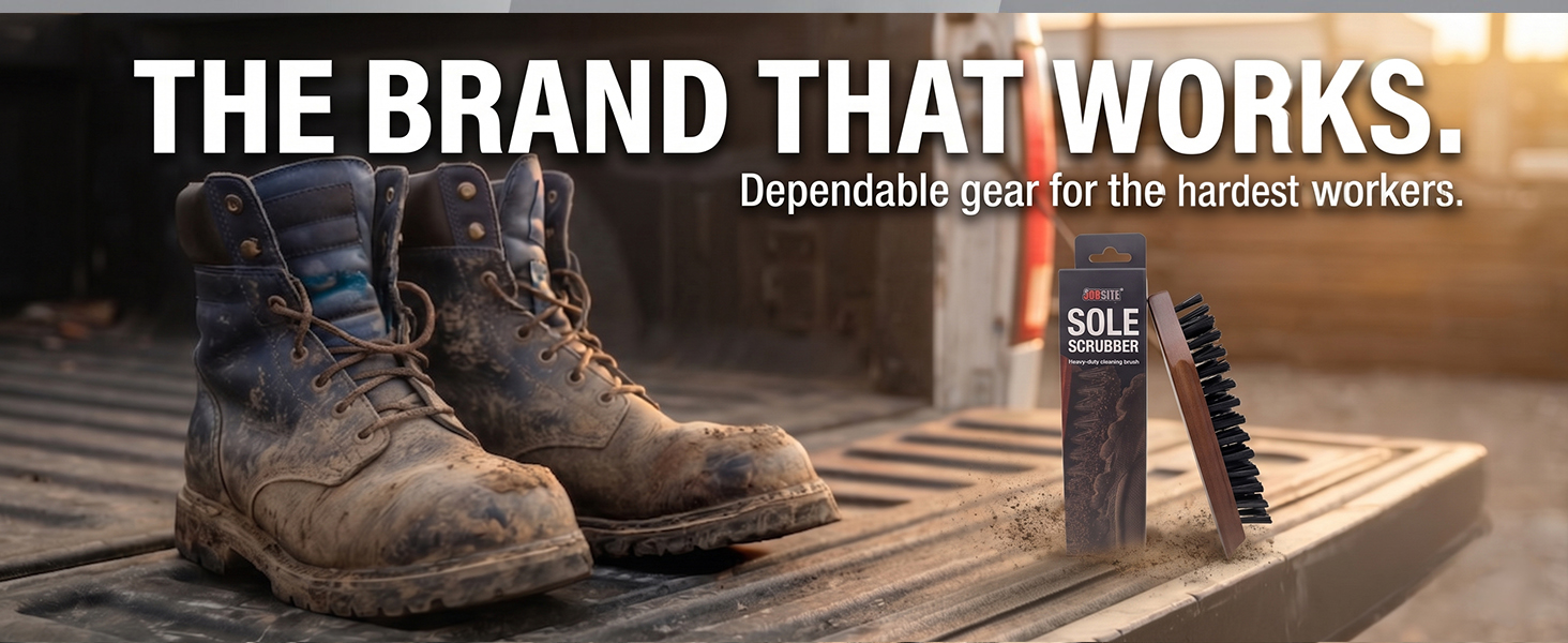 jobsite the brand that works sole scrubber boot brush on tailgate with dirty work boots