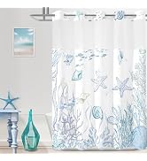 TWLSNCD No Hook Shower Curtain with Snap in Liner, Beach Ocean Nautical Coastal Shower Curtains a...