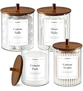 PureRoot Glass Qtip Holder Dispenser Set - 15oz &amp; 10oz Clear Canisters Apothecary Jar with Acacia...