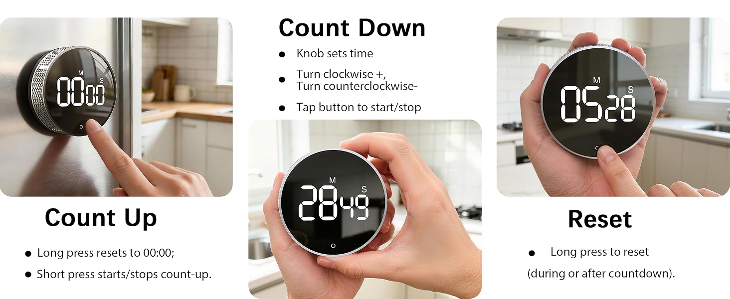 Quick easy to adjust a time only by outer ring, touch button to start/stop time countdown countup