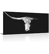 LevvArts Large Size Longhorn Cow Canvas Wall Art Black and White Western Cattle Portrait Photo Pa...