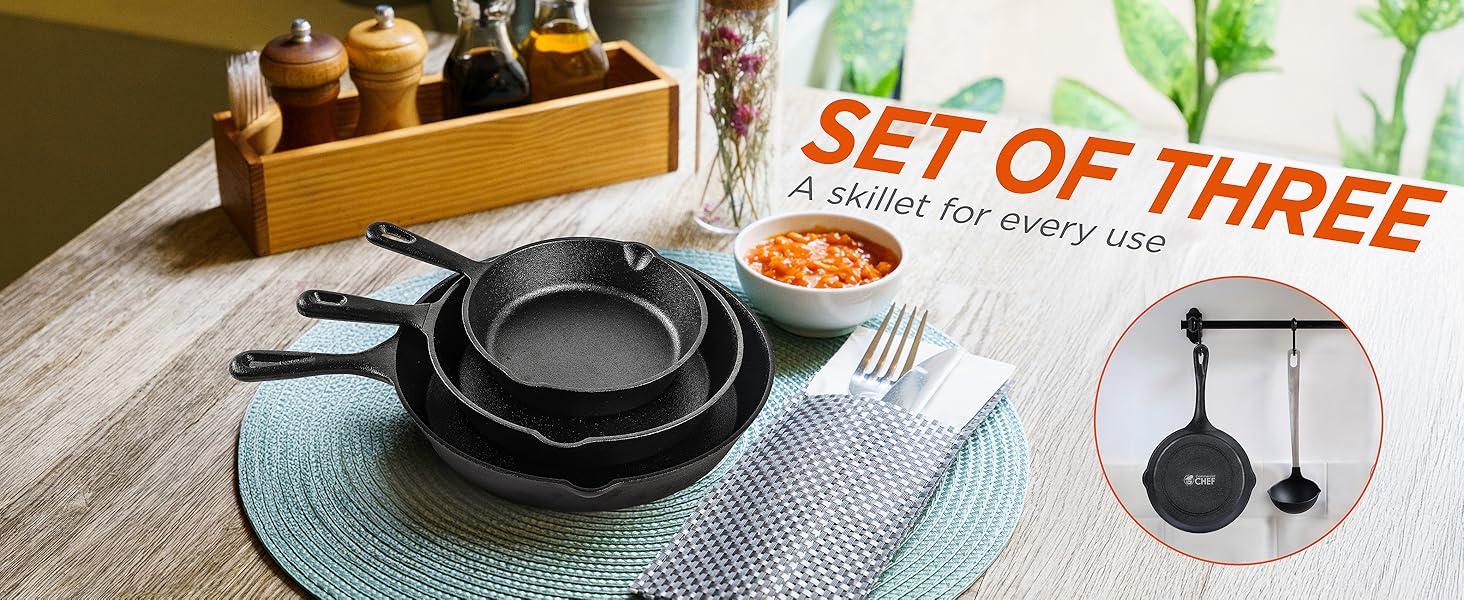 3 different cast iron skillets for 3 different dishes. Versatility is the spice of life!