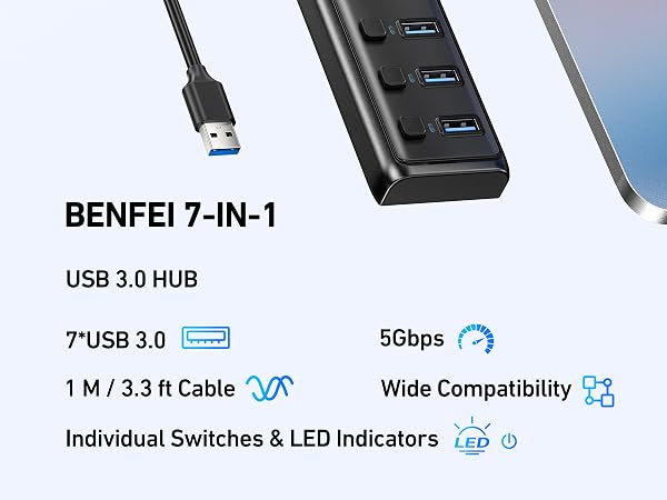 BENFEI USB 3.0 Hub 7-Port, Ultra-Slim Portable USB Splitter with 3.3ft Cable