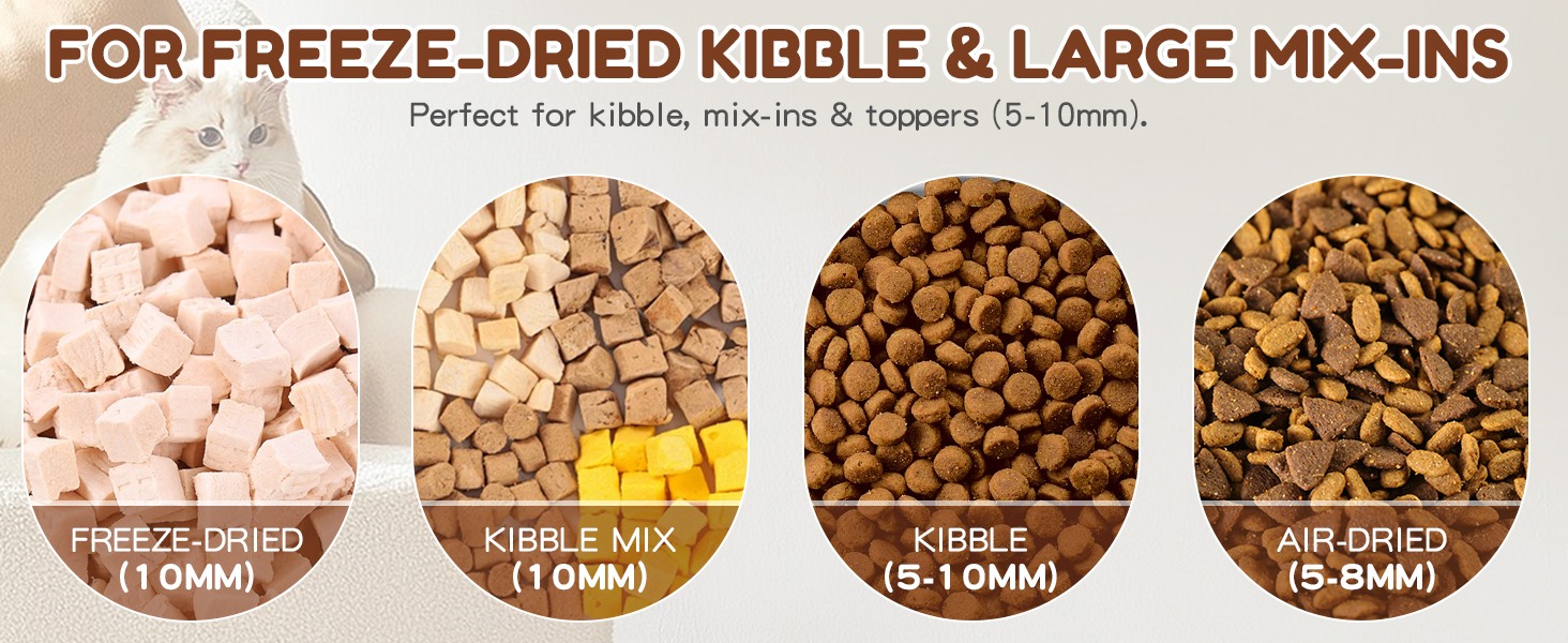 Pet feeder fits freeze-dried,air-dried, and kibble (5-10mm).