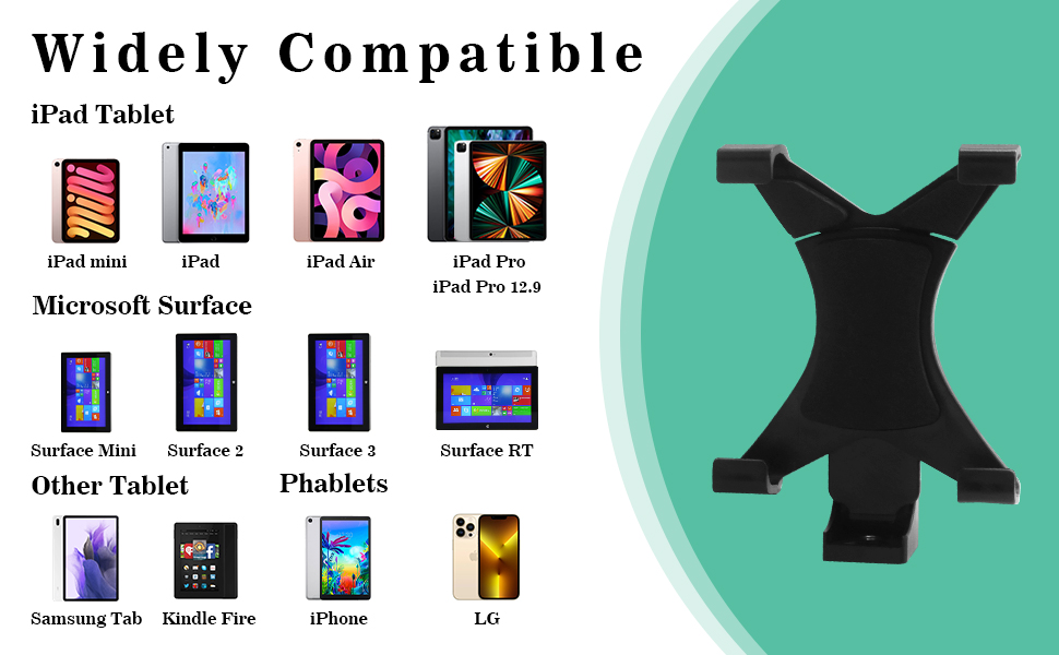 Compatibility list of tablet holder mount featuring supported iPad and tablet models for universal