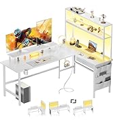 HLDIRECT L Shaped Gaming Desk with LED Light &amp; Power Outlet, 59 Inch Reversible Corner Computer D...