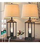 Brightever 28" Farmhouse Table Lamps Set of 2, Black Bedside lamp with USB Charging Ports, 3-Way ...