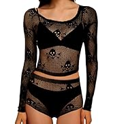 Gullora Women’s 2 Piece Skull Lace Bodysuit Lingerie Set, Off Shoulder Long Sleeve Fishnet Crop T...