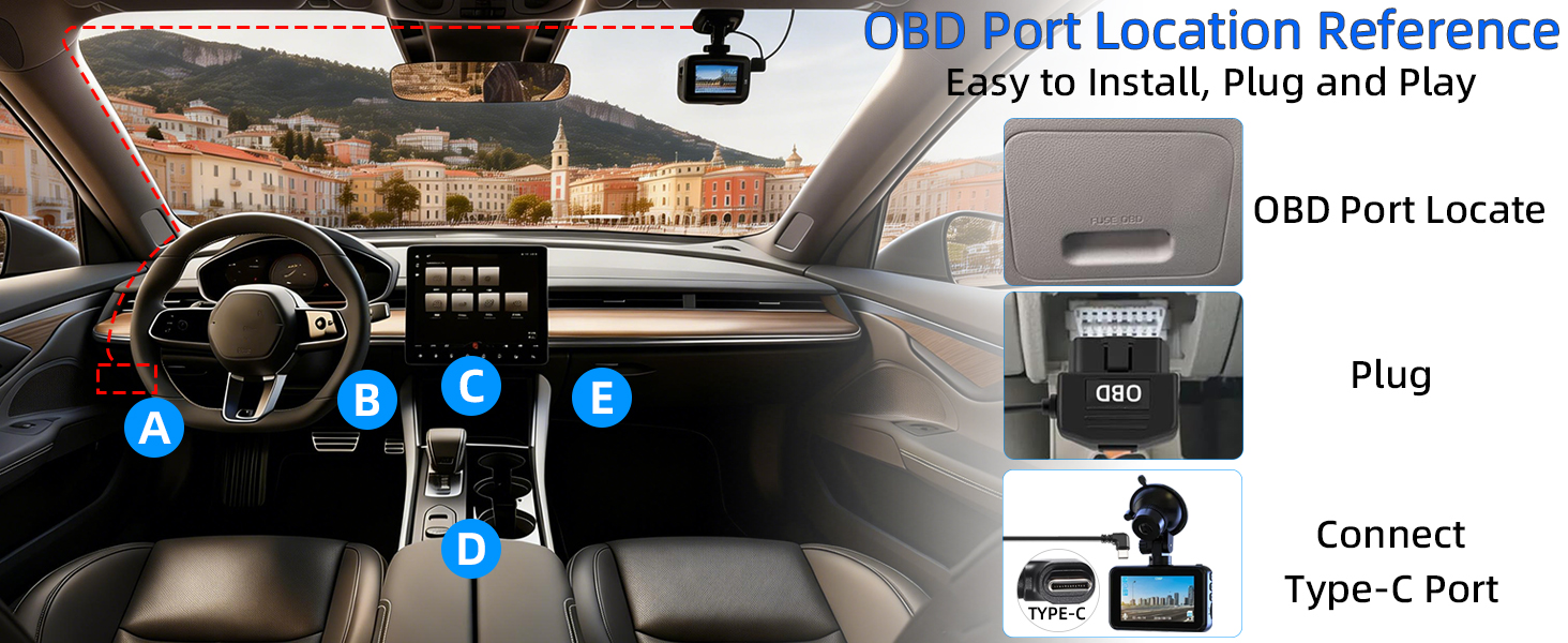 Dash Cam Hardwire Kit USB C, OBD2 to Type-C Adapter Hardwire Kit with 24/7 Parking Mode
