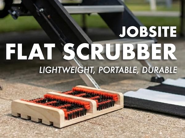 Jobsite Flat Mat Shoe Scrubber superimposed over photograph of RV
