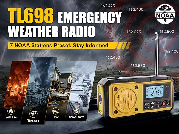 emergency radio; weather radio; hand crank radio; NOAA weather radio; emergency weather radio