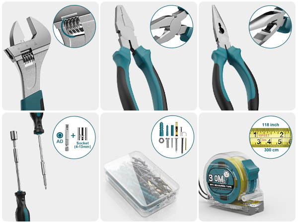 Set of hand tools including adjustable wrench, pliers, screwdriver, and measuring tape. Close-up images show tool details. Includes small parts storage box.