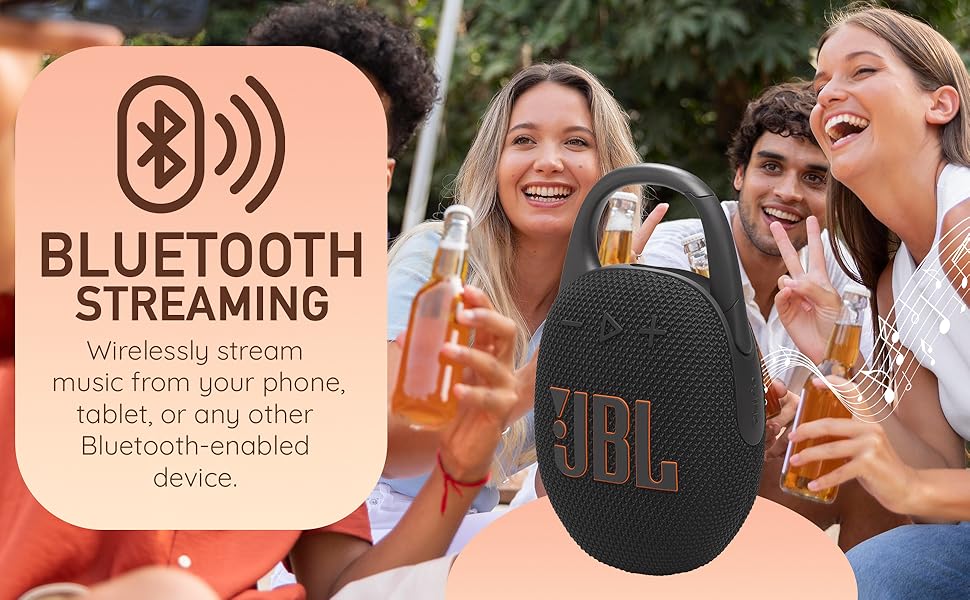JBL Clip 5 speaker with friends, showcasing Bluetooth streaming for wireless music.