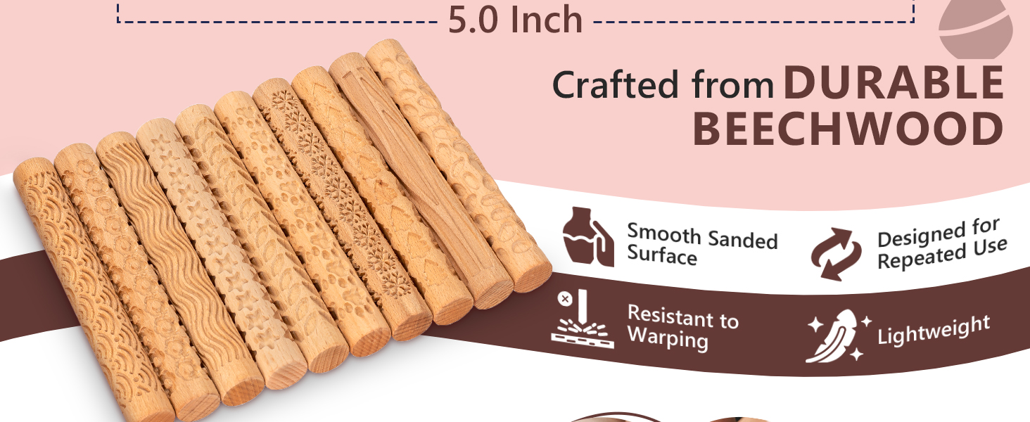 10 piece beech wooden clay and cookie pattern rollers