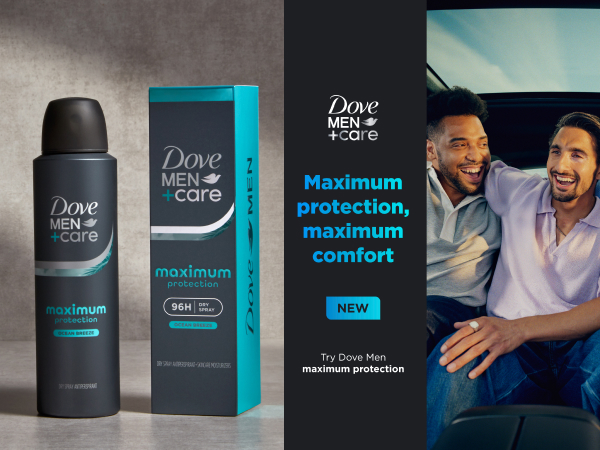 Deo spray &amp;amp; box next to a dark column with text &amp;amp; then a picture of 2 men celebrating &amp;amp; hugging.