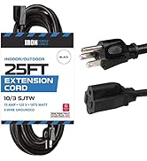 Iron Forge 10 Gauge Extension Cord 25 FT - 15 AMP Extension Cord with 3 Prong 10 AWG Water Resist...