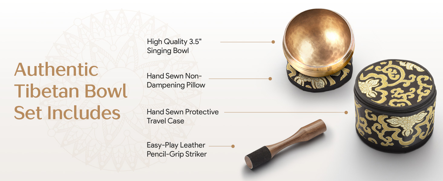 Tibetan bowl set essentials: handcrafted bowl, pillow, and striker