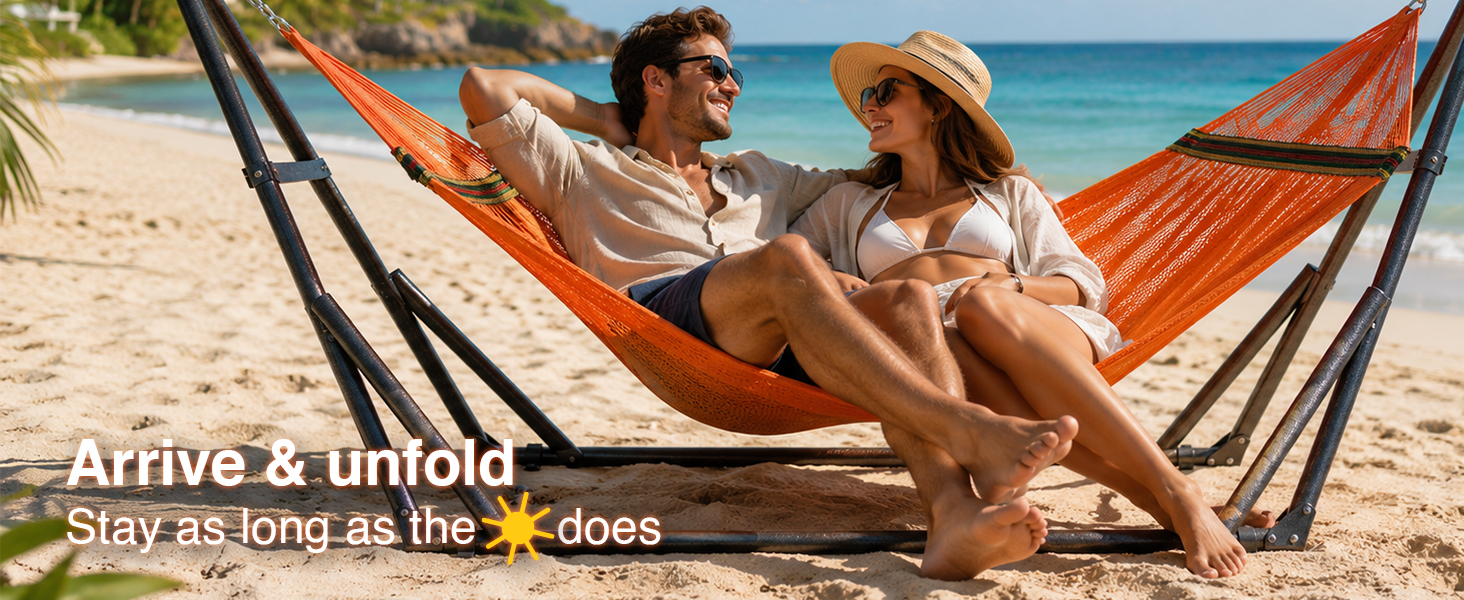 Portable hammock with stand for two, set up on the beach with no trees required