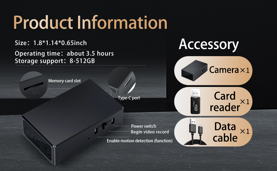 Text reads 'Product Information' and 'Accessory'. Technical product information display with camera and card reader icons on dark background.
