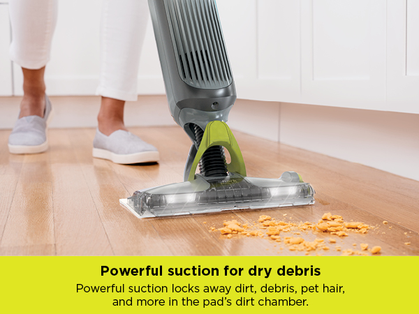 Powerful suction locks away dirt, debris, pet hair, and more in the pad’s dirt chamber.